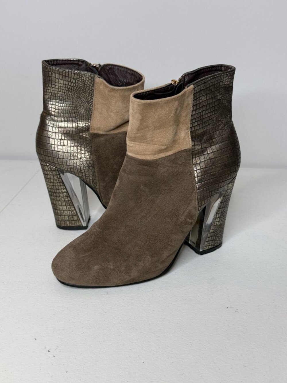 Cathy Din Ankle Boots Womens 9 Faux Suede Metallic Croc Block Heel Y2K Glam